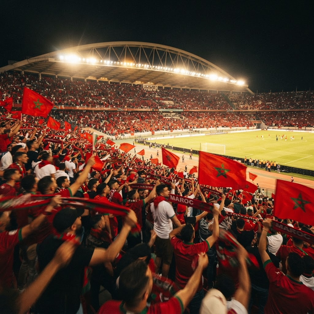 Moroccan football supporters celebrating with flags in the stadium
